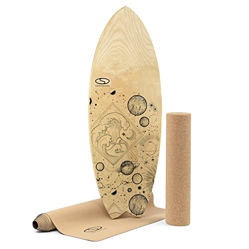 SMJ Balanceboard 3in1 Set | Surfboard + Korkrolle + Korkmatte | Gleichgewichtstrainer Indoor & Outdoor | Balance Board aus Holz + inklusive Rolle und Matte | Surf Skateboard für Koordinationstraining