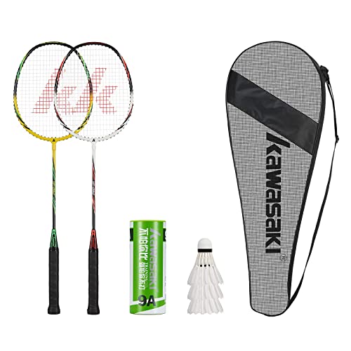 Kawasaki Badminton schläger Federball Set Badminton Racket badmintonschläger Profi mit 3 Badminton bälle 1 Schlägertasche 2 federballschläger für Training, Sport, GrünGelb/WeißRot