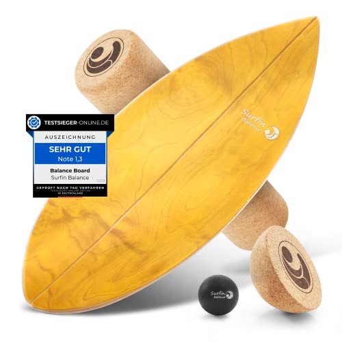 Surfin Balance Board - einzigartiges Board inkl. Rolle, Halbkugel und Balance Ball - Surf Balance Board - Gleichgewichtstraining - Balance Board Kinder - Balance Board Holz