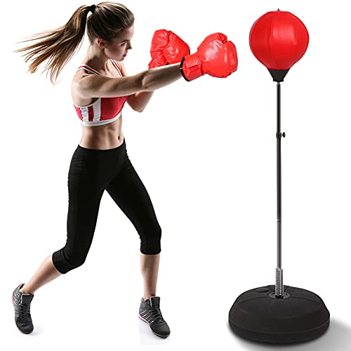 Yosoo Punchingball Erwachsene Boxtraining Set mit Boxhandschuhen und Ständer Verstellbar Höhe 120-150 cm Rot