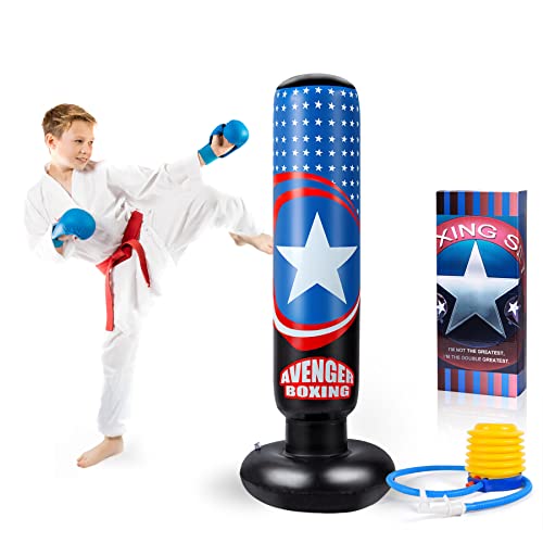 ASTARX Boxsack Kinder – Captain America Boxsack für sofortiges Aufprallen zum Üben von Karate, Taekwondo, MMA und zum Abbau von aufgestauter Energie bei Kindern und Erwachsenen/Großen 5’ 3”