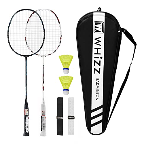 WHiZZ Sports Badminton Schläger Set Carbon Graphit 2 STK mit Federbällen, Griffbänder, Schweißbänder und Tasche, Schwarz+Weiß