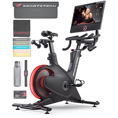 sBike Smart Indoor Cycling Bike - 21.5' Touch Display + LED - Live & On-Demand Kurse - Full Body Workout Erlebnis - Heimtrainer für Zuhause - Sportstech Fitness Bike