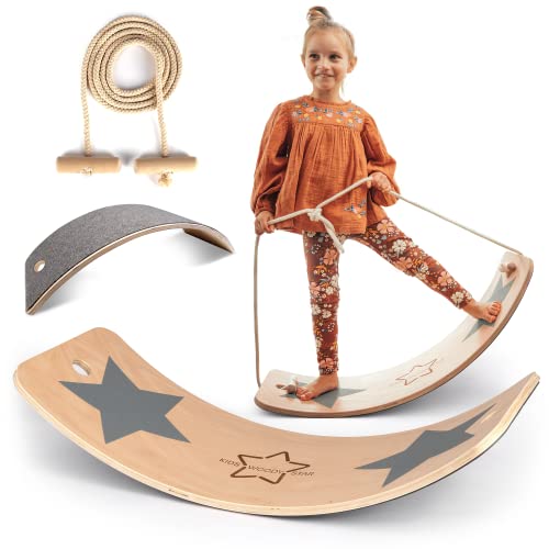Kids Woody Star® Balance Board Kinder Holz 80x30cm [EXTRA Seil+Filz+Anti-Rutsch] Montessori Spielzeug ab 3 Jahre | Wackelbrett Balancierbrett | Balancieren Kinder Holzspielzeug | Balance-Board