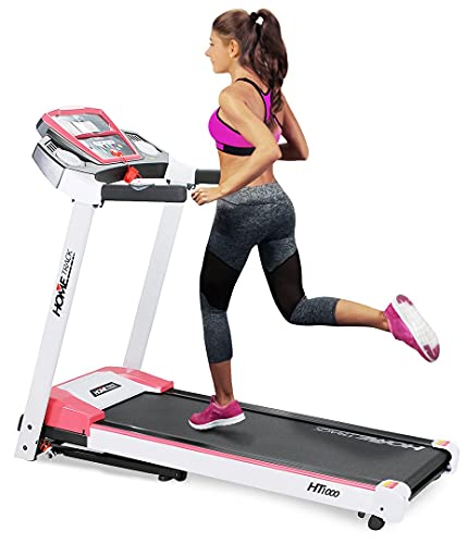 Miweba Sports elektrisches Laufband HT1000 - Incline 6% - Klappbar - 1,75 Ps - 16 Km/h - 12+4 Laufprogramme - Tablet Halterung - Große Lauffläche (Weiß Pink)