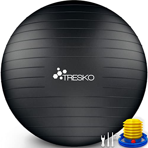TRESKO Gymnastikball mit GRATIS Übungsposter inkl. Luftpumpe - Yogaball BPA-Frei | Sitzball Büro | Anti-Burst | 300 kg,Schwarz,65cm (für Körpergröße 155 - 175cm)