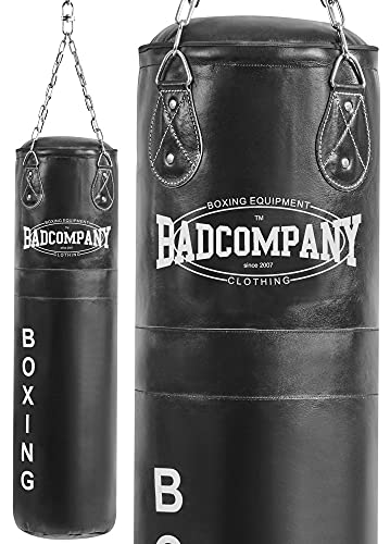 Bad Company Boxsack inkl. Heavy Duty Vierpunkt-Stahlkette I Leder Punching Bag, ungefüllt I 150 x 35 cm - Schwarz