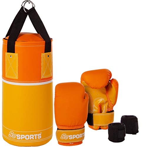 ScSPORTS Kinder Boxsack-Set, Boxsack gefüllt 2,8 kg, mit Boxhandschuhen, Boxbandagen und Tragetasche, inkl. Halterung, gelb/orange