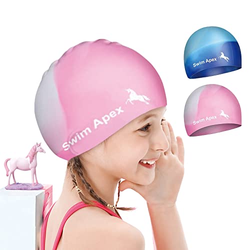Swim Apex Silikon-Badekappe 2er-Pack für Mädchen / Jungen / Kinder / Teenager mit Langen Lockigen Haaren Dreadlocks, 3D Weich Dehnbar, Langlebig und rutschfest, Geräumig, Einfach an- und Auszuziehen