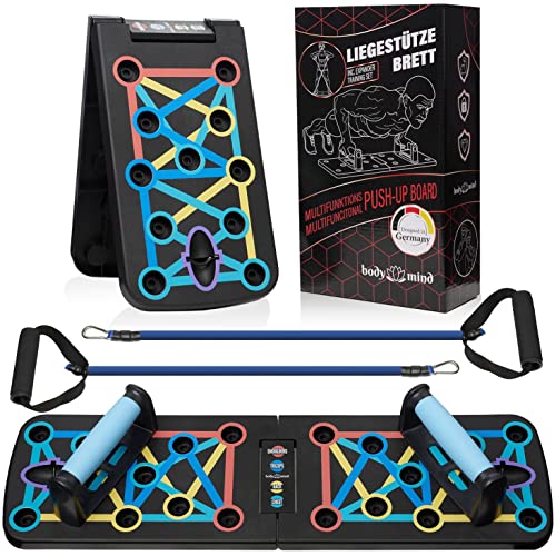 Body & Mind® Push-Up Liegestütz-Brett; Faltbares Multifunktions Elite Rack Fitness-Board für Ganzkörper-Training & Effektive Liegestützen; Liegestütz-Griffe mit Gratis Trainingsbänder & E-Book
