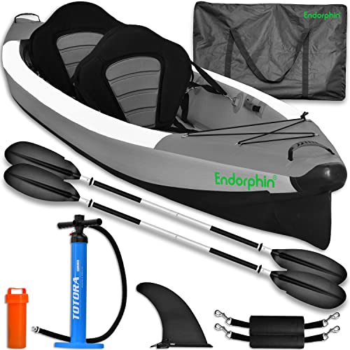 ENDORPHIN® Kajak Aufblasbar 2 Personen 100% Drop Stitch| Inflateable Boat mit Paddel und Sitz| Paddelboot inkl. Luftpumpe | Praktische Tragetasche für mobilen Transport | 4,26m Länge