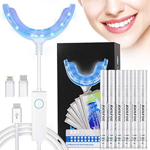 Teeth Whitening Kit, RenFox Zahnaufhellung Set Mit Hochwertig LED Licht Und 6x2ml Zahnaufhellung Gel, 5 White Stripes, Bleichsystem für Weiß Zähne Zahnweiß Zahnreinigung Zahnpflege zu Hause