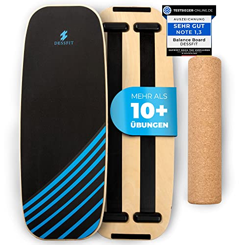 DESSFIT® Balance Board mit rutschfester Softmatte und Kork Rolle - Balance-Board für Erwachsene aus Holz | Gleichgewichtsboard Surf Balanceboard | Balance Training Equipment