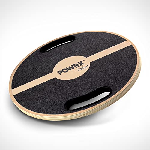 POWRX Balance Board mit Griffen und Schutz Matte Wackelbrett aus Holz für propriozeptives Training und Physiotherapie inkl. Workout I Therapie-Kreisel