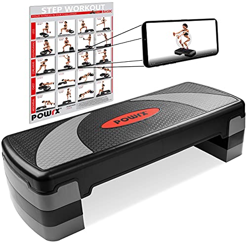 POWRX Steppbrett XL Premium extra groß inkl. Workout I Hometrainer 3-Stufen höhenverstellbar I Home-Stepper für zuhause Stepbench Gym Aerobic Steppbank