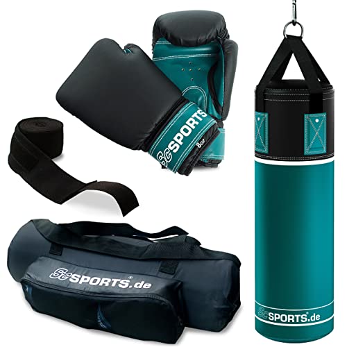 ScSPORTS Boxsack-Set, für Kinder und Jugendliche, Box-Set mit Boxhandschuhen, Boxbandagen und Tasche, 5,5 kg, Petrol-blau schwarz