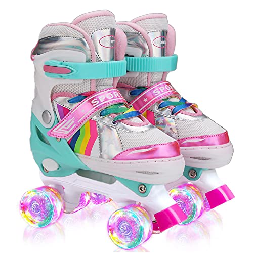 Sumeber Verstellbar Rollschuhe für Kinder,mit Leuchtenden Rädern Roller Skates Bequem und atmungsaktiv Quad Skates für Mädchen Rosa (M(35-38))
