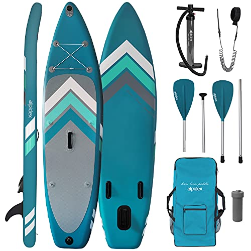 ALPIDEX Stand Up Paddle Set SUP 305 x 76 x 15 cm Belastbar bis 150 kg Aufblasbar Stabil Leicht Komplett Set Tragetasche Paddel Finnen Luftpumpe Leash Repair Kit, Farbe:Petrol/Grey
