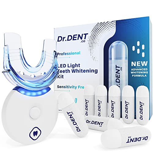 DrDent Professionelles LED-Zahnaufhellungsset – Sensibilitätsfreie Formel – 8 x 33,6 ml Bleichgel-Kapseln – Hilft bei der Entfernung von Verfärbungen – Inklusive Mundschiene und Farbskala