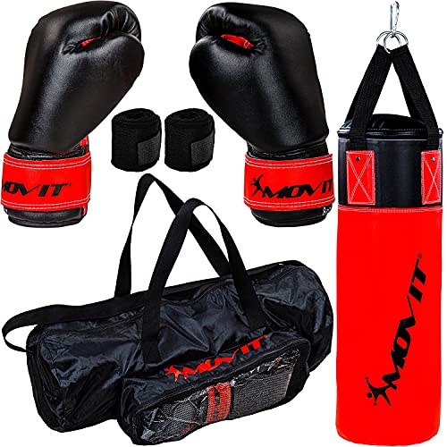 Movit® Boxsack-Set 5,5kg, gefüllt, inkl. Boxsack, (Höhe 60cm x Durchmesser 20cm), 8 oz Boxhandschuhe, Boxbandagen und Tasche, für Kinder und Jugendliche, Boxing Boxen, rot-schwarz