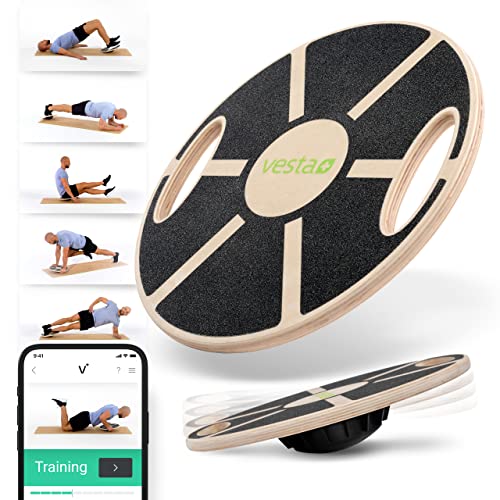 Vesta+ Balance Board Holz + Fitness App, Balanceboard aus nachhaltigem Eichenholz - Der Balance Board Testsieger für das Plus in Deinem Workout, Wackelbrett Balance Board Erwachsene Therapiekreisel