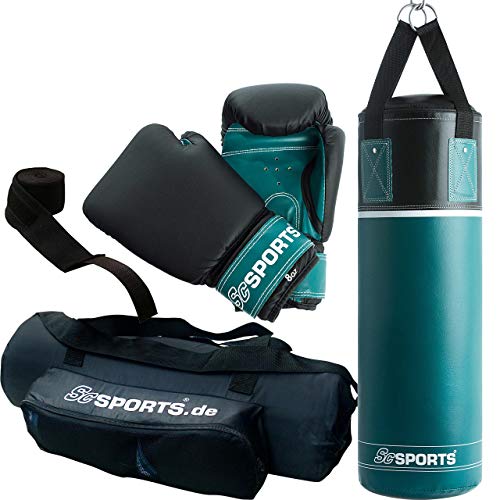 ScSPORTS Boxsack-Set, für Kinder und Jugendliche, Box-Set mit Boxhandschuhen, Boxbandagen und Tasche, 5,5 kg, Petrol-blau schwarz