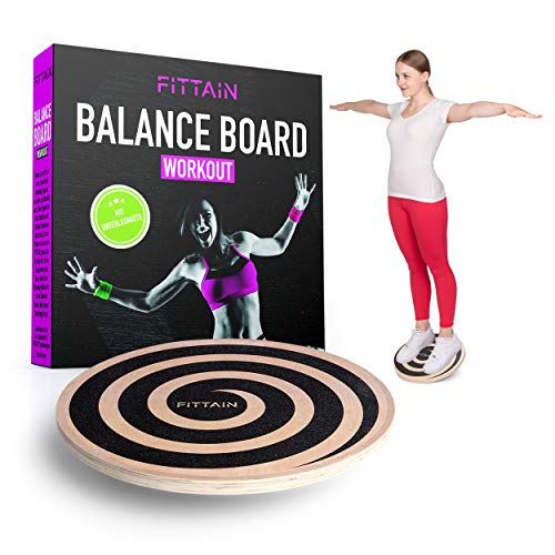 FITTAIN® Praktisches Balanceboard Set – Wackelbrett mit Unterlegmatte – Wackelbrett Holz – Gleichgewichtstraining – Poster mit Übungen (40 cm)