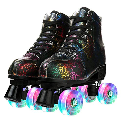 Gelory Unisex Roller Skates Double Raw Four Wheels Classic High-top PU Leather Lighting Roller Skates Shoes for Beginner Womens Mens Boys Girls Indoor and Outdoor (Lightning Black Flash Wheel,45)