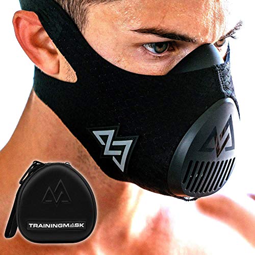 TRAININGMASK Trainingsmaske 3.0, schwarz, für Leistungs-Fitness, Workout-Maske, Laufmaske, Atemmaske, Widerstandsmaske, Cardio-Maske L Schwarz + Etui